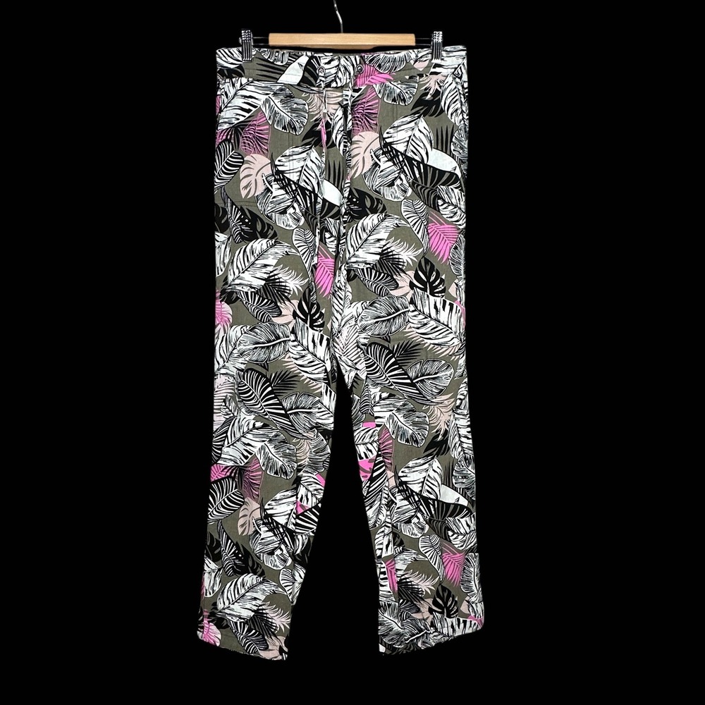 Per Se Women Tropical Leaf Print Linen Blend Pull On Drawstring Pants Medium